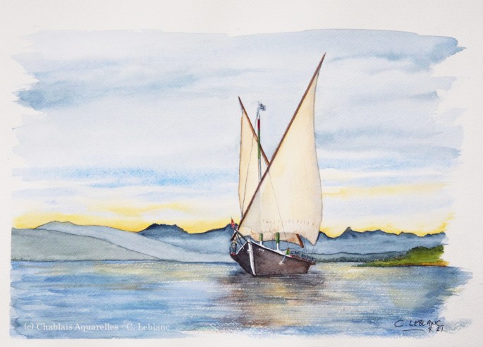 Aquarelle de la Barque La Savoie sur le Lac Léman
